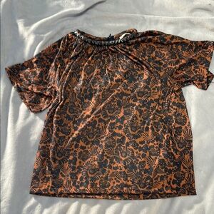 Bimba & Lola Designer Tan and Brown Flowered Blouse- Beaded Neckline and Zipper